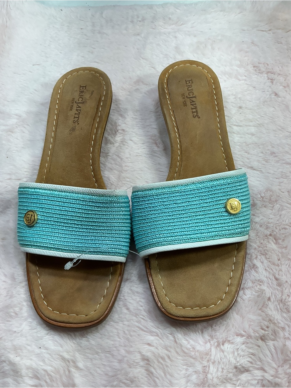 Eric Javits Aqua Blue Slide Sandals with Gold Accent 179